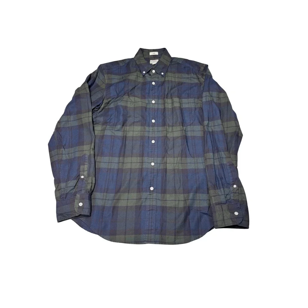 J. Crew Slim Fit Black Watch Plaid Cotton Oxford Shirt Navy Green K1993 Mens M